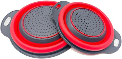 NIWWIN Pack of 2 Foldable Pasta Strainers, Foldable Kitchen Colander for Draining Fruit, Kitchen Silicone Adjustable Filter Vegetables Fruit Baskets,Portable Sink Washing Up Bowl (Red)