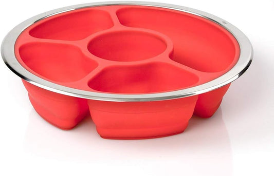 Collapsible 14" Party Serving Platter for Entertaining - Fruit, Veggie, Appetizer Server Tray w Stainless Steel Lid - Easy to Clean & Store, Portable, Dishwasher Safe- Hosting Sunday Football