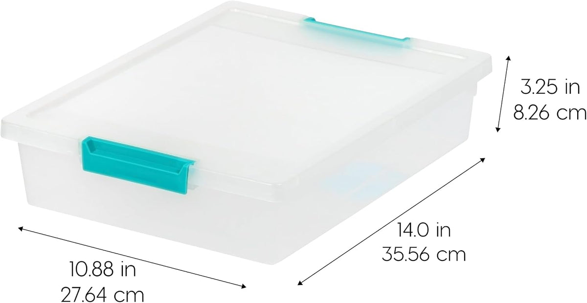 IRIS USA 12 Qt. Craft Storage Bins with Lids, 4-Pack, |Made in USA|, Clip Box, Medium Plastic Sensory Bin Tote Organizer Containers for Art Supplies, Paper, & Office, Stackable - Clear/Seafoam Blue