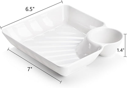 Lawei 10Pcs Chips and Dip Plates, Plastic Serving Platter Set Dumpling Plate with Dipping Saucer, White Divided Snack Serving Dishes for Appetizer, Sushi, Taco Salsa, Charcuterie, Reusable