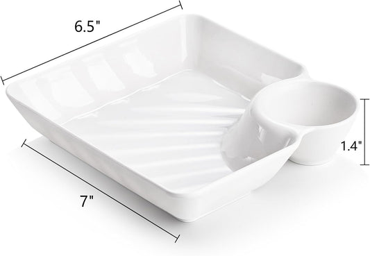 Lawei 10Pcs Chips and Dip Plates, Plastic Serving Platter Set Dumpling Plate with Dipping Saucer, White Divided Snack Serving Dishes for Appetizer, Sushi, Taco Salsa, Charcuterie, Reusable