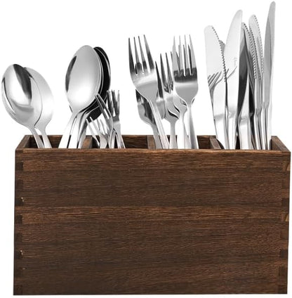 WuGeShop Wood Cutlery Caddy, Kitchen Utensil Organizer with 4 Compartments, Silverware Storage Kitchen Countertop Flatware Organizer