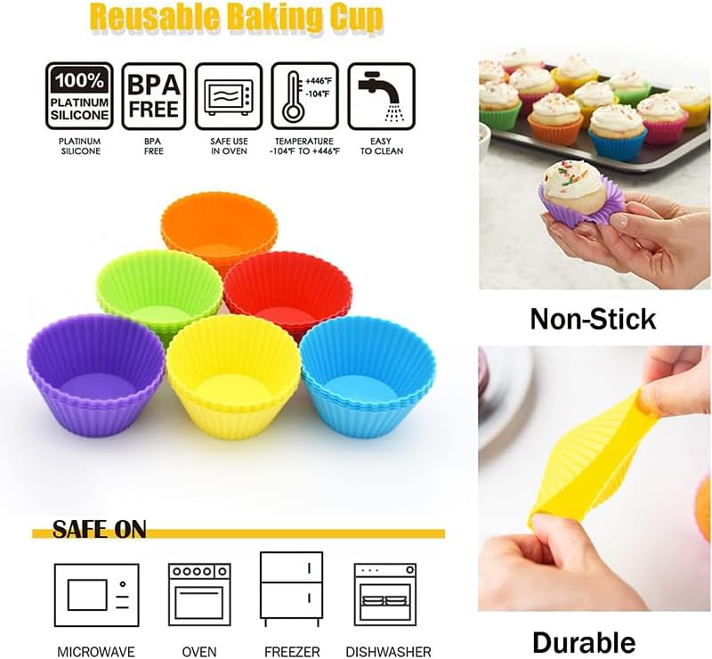 12 Pack Reusable Silicone Baking Cups Set(2.8" Lx1.4" H), Non-stick Muffin Liners, Easy To Clean & Heat-resistant Muffin Molds for Party Birthday Halloween Christmas(Multicolor)