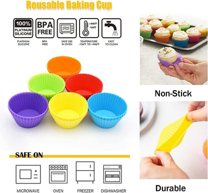 12 Pack Reusable Silicone Baking Cups Set(2.8" Lx1.4" H), Non-stick Muffin Liners, Easy To Clean & Heat-resistant Muffin Molds for Party Birthday Halloween Christmas(Multicolor)