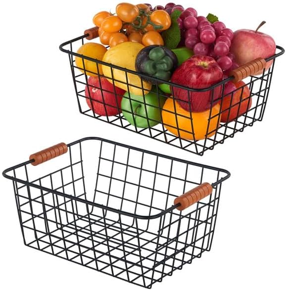JUNCHU CHERRY Wire Kitchen Storage Basket 4 Packs,Perfect Pantry Organization Accessories Baskets,Laundry Basket,With a Wooden handle,Suitable for Kitchen,Bathroom,Bedroom,Tabletop,Stackable,Black
