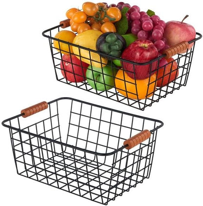 JUNCHU CHERRY Wire Kitchen Storage Basket 4 Packs,Perfect Pantry Organization Accessories Baskets,Laundry Basket,With a Wooden handle,Suitable for Kitchen,Bathroom,Bedroom,Tabletop,Stackable,Black