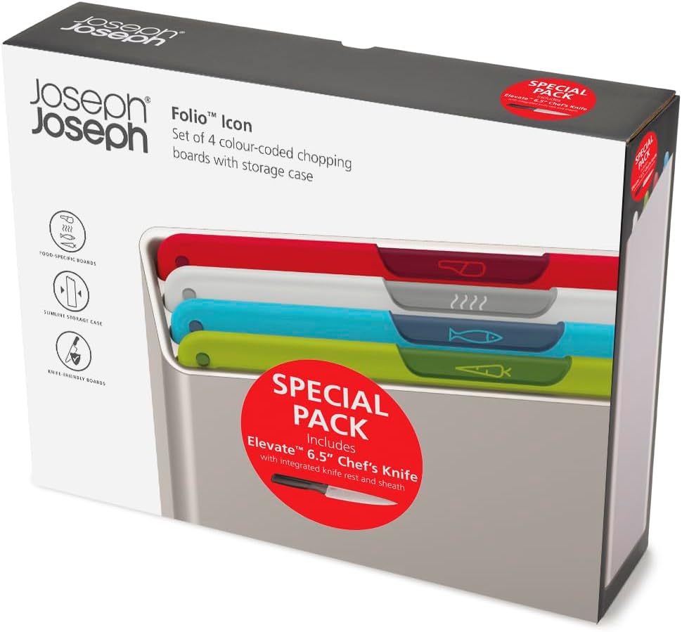 Joseph Joseph Folio Icon 8-Piece Multi Colour coded Cutting Board Set with Japanese Stainless Steel Knives, Slimline case for organized Kitchen storage, Silver