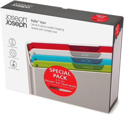 Joseph Joseph Folio Icon 8-Piece Multi Colour coded Cutting Board Set with Japanese Stainless Steel Knives, Slimline case for organized Kitchen storage, Silver