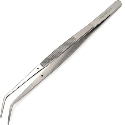 6 Inch Professional Culinary Stainless Steel Precision Tongs with Angled Serrated Tips, Plating/Food Presentation Detailing Serving Tongs, Chef's Kitchen Tweezer Tongs - Ultra Non-Slip Grip