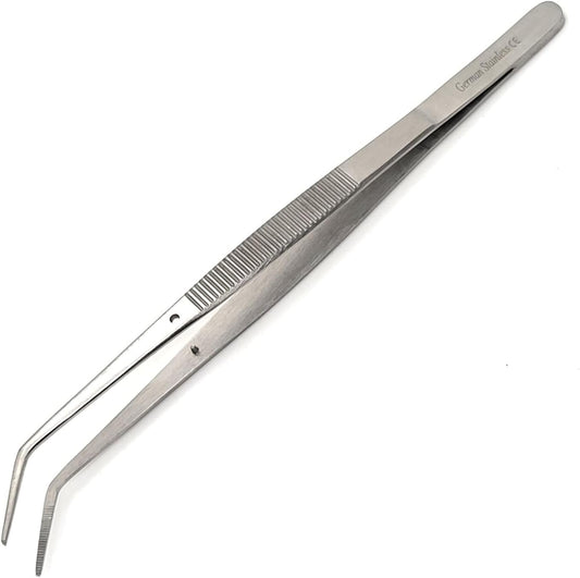 6 Inch Professional Culinary Stainless Steel Precision Tongs with Angled Serrated Tips, Plating/Food Presentation Detailing Serving Tongs, Chef's Kitchen Tweezer Tongs - Ultra Non-Slip Grip