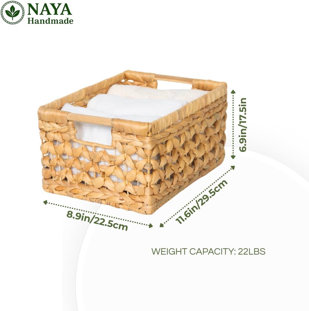 NAYA 11.6" Water Hyacinth Medium Wicker Shelf Basket – Storage Bin | Handwoven water hyacinth shelf basket with sturdy handles for pantry, towels and everyday home organization.