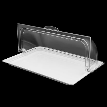 DYNAMI Food Serving Display Tray with Clear Roll Top Cover,Food Grade PC Tray White Food Serving Tray Dessert Display Tray forRestaurant Hotel Kitchen Party Buffet Serving Food,16.5 * 11in