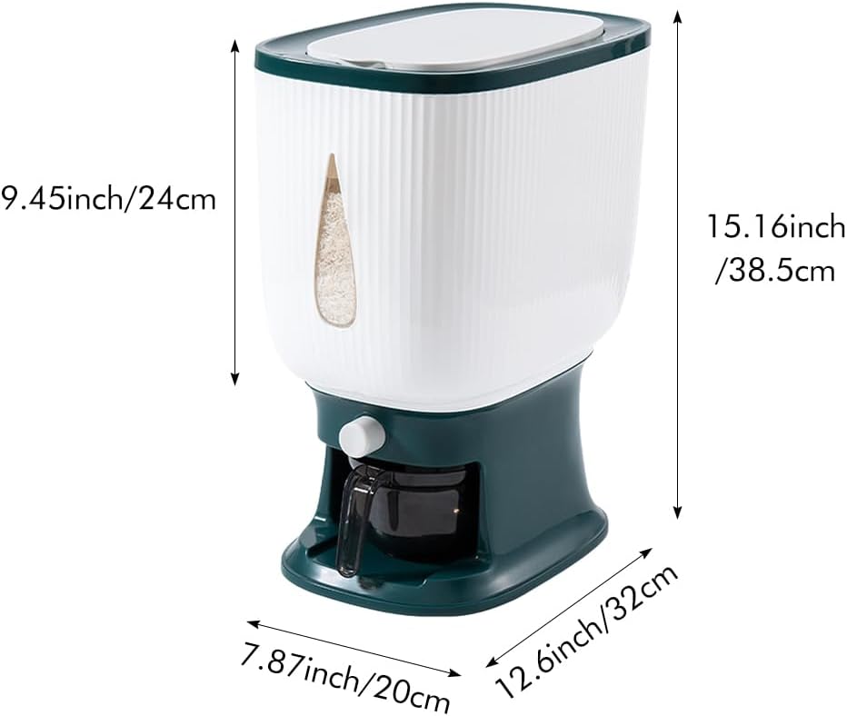 Rice Dispenser Container 10Kg, Large Cereal Dry Food Storage Containers with Measuring Cup, Household Cereal Dispenser Bucket for Rice Corn Soybean Kitchen Pantry