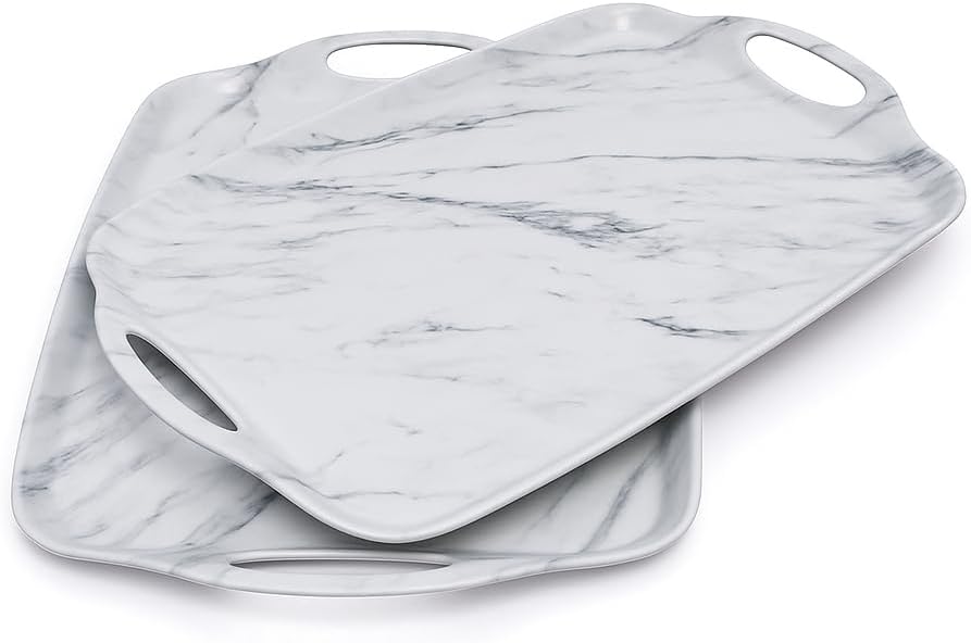 TP Large Serving Trays with Handles, 19" x 12" Melamine Serving Platters for Food, Turkey, Set of 2 Rectangular Trays for Party, Pure White