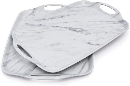 TP Large Serving Trays with Handles, 19" x 12" Melamine Serving Platters for Food, Turkey, Set of 2 Rectangular Trays for Party, Pure White
