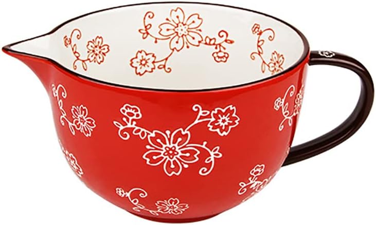 Gaolinci Cherry Blossom Pattern Kitchen Ceramic Mixing Bowl, 1 Quart Large Bowl, with Pouring Spout and Handle