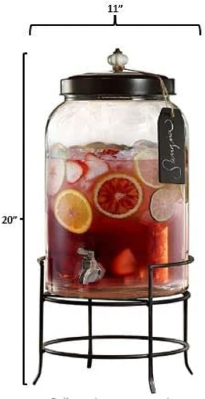 Style Setter Franklin 210235-GB 3 Gallon Glass Beverage Drink Dispensers with Metal Stand & Lid, Tag and Ceramic Knob, Clear, 20x11"