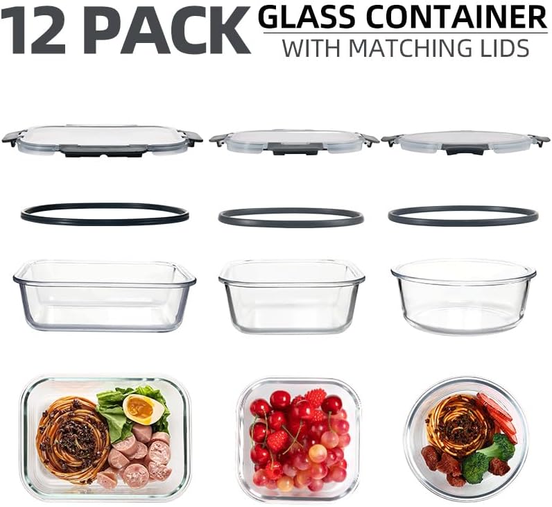 12 Pack Glass Storage Containers Transparent, Stackable Design Meal Prep Containers for Food Storage, Home, Kitchen & Pantry Organization, Microwave/Freezer/Dishwasher Safe