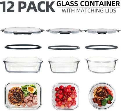 12 Pack Glass Storage Containers Transparent, Stackable Design Meal Prep Containers for Food Storage, Home, Kitchen & Pantry Organization, Microwave/Freezer/Dishwasher Safe