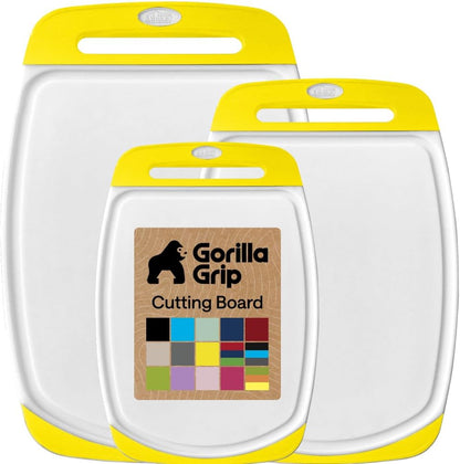 GORILLA GRIP BPA-Free Reversible Kitchen Cutting Board Set of 3, US Designed, Nonporous, Juice Grooves Catch Liquid, Slip Resistant Border, Dishwasher Safe, Durable Large Food Chopping Boards, Black
