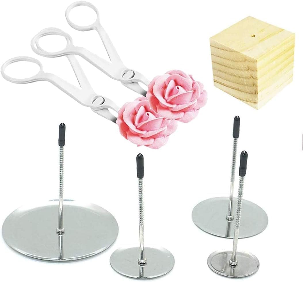7 Pcs Cake Flower Nail Lifters Set, Stainless Steel Icing Flowers Decorating Tools Kit with 4 Nails, 2 Lifters & 1 Wooden Stand, Baking Supplies for Cupcake Cake Decoration