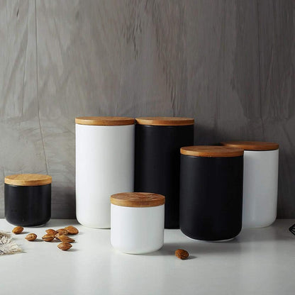 MilkyWay Ceramic Food Storage Jar Canister Modern Design Food Canisters with Airtight Seal Bamboo Lid, Loose Tea Coffee Spice Nuts Snacks Storage Jar Canister (White 8.79oz/260ml)