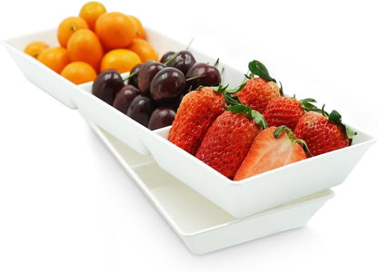 Divided Serving Tray Platter, 4 Pack 15" x 10" Fruit Veggie Food Tray for Party, Plastic Serving Trays for Appetizer, Snack, Dessert, Cookie, Brunch Decorations Platters, White Trays BPA-Free
