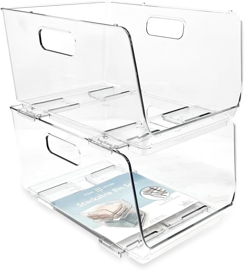 Isaac Jacobs 2-Piece (16" x 12" x 6.1") X-Large Wide Stackable Clear Storage Bins w/Open Front, Versatile Use, Set of 2, Desk, Office, Bathroom, Bedroom, Closet