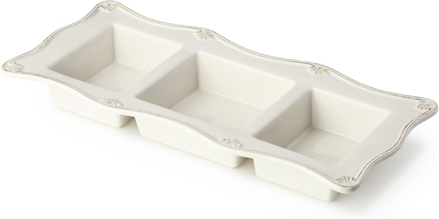 Heritage Ivory 3-Section Stoneware Relish Tray – Elegant 15” x 7” Divided Server for Condiments, Dips & Appetizers – Vintage-Inspired Entertaining Piece with Sculpted Detail