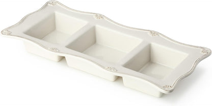 Heritage Ivory 3-Section Stoneware Relish Tray – Elegant 15” x 7” Divided Server for Condiments, Dips & Appetizers – Vintage-Inspired Entertaining Piece with Sculpted Detail