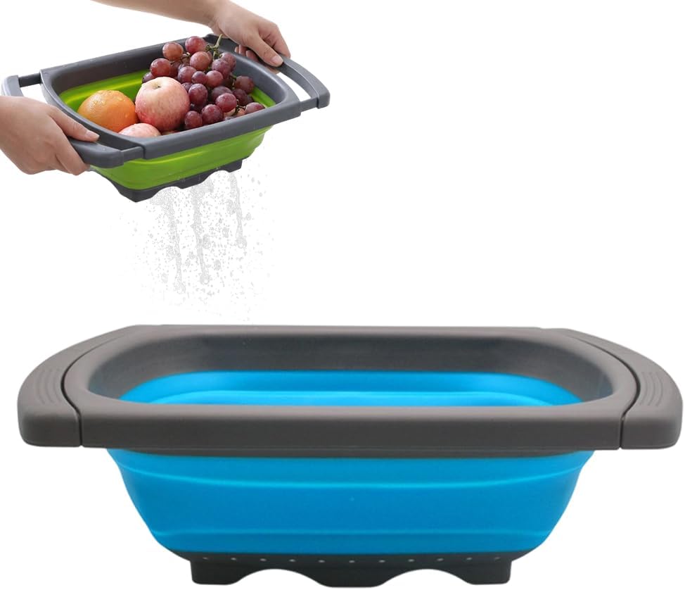 6 Quart Collapsible Colander Strainer, XL Large Over The Sink Vegetable Pasta Strainer, Collapsible Colander Strainer for Fruit Berries, Colanders with Handles up to 61cm for Kitchen (Green)