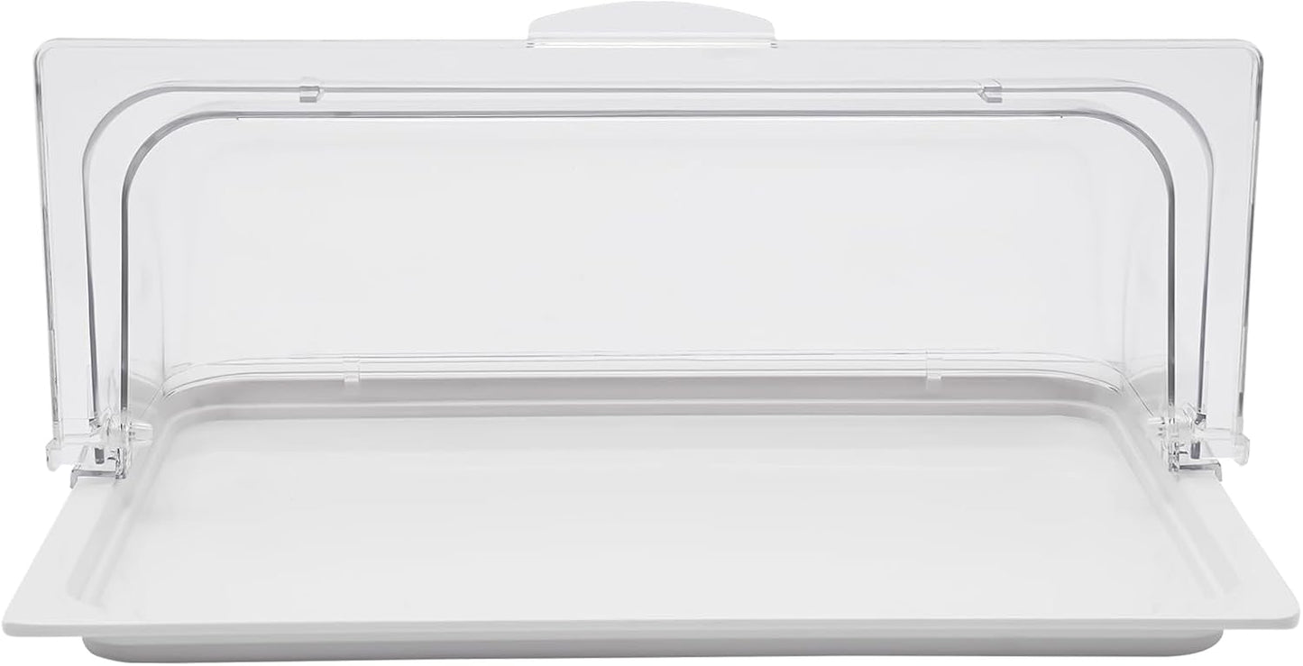 DYNAMI Food Serving Display Tray with Clear Roll Top Cover,Food Grade PC Tray White Food Serving Tray Dessert Display Tray forRestaurant Hotel Kitchen Party Buffet Serving Food,16.5 * 11in