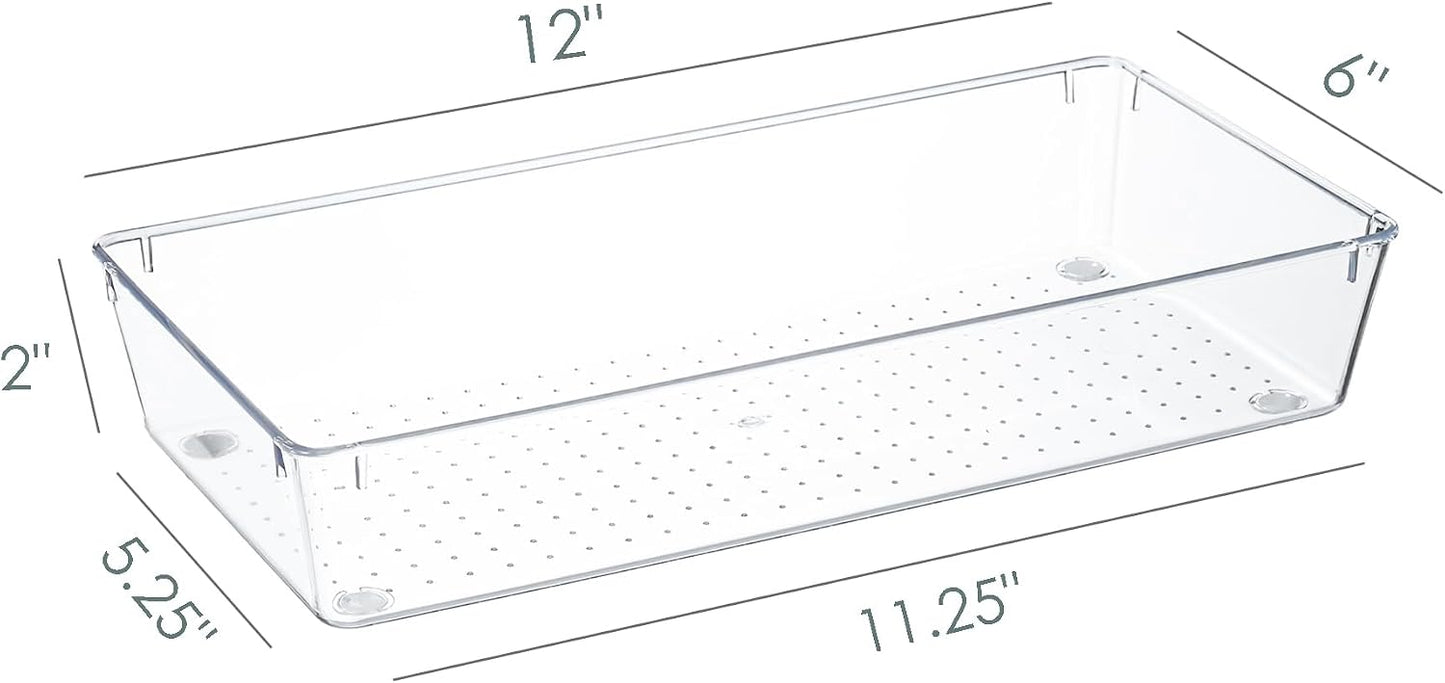 Kingrol 6 Pack 12 x 6 x 2 Inch Clear Drawer Organizer Trays, Desk Drawer Divider Storage Bins, Storage Box Set for Utensils Junks Vanities Makeups Jewelry Office Craft Supplies
