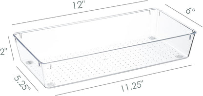 Kingrol 6 Pack 12 x 6 x 2 Inch Clear Drawer Organizer Trays, Desk Drawer Divider Storage Bins, Storage Box Set for Utensils Junks Vanities Makeups Jewelry Office Craft Supplies