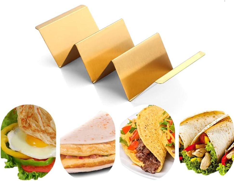 4 Pcs Gold Taco Holders Set with 1 Food Tong, Stainless Steel Taco Stand with Handles for Party, Holds Up to 3 Tacos Each, Dishwasher Oven safe