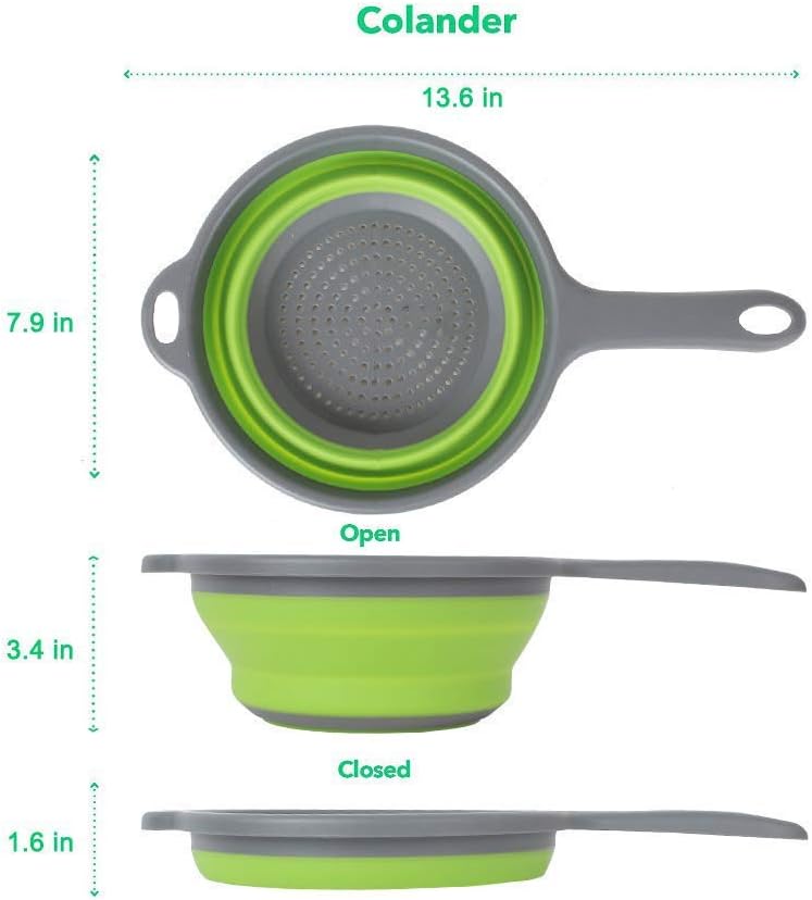 Foldable Silicone Strainer Colanders with Handles, Green and Red, 2 Pack