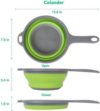Foldable Silicone Strainer Colanders with Handles, Green and Red, 2 Pack