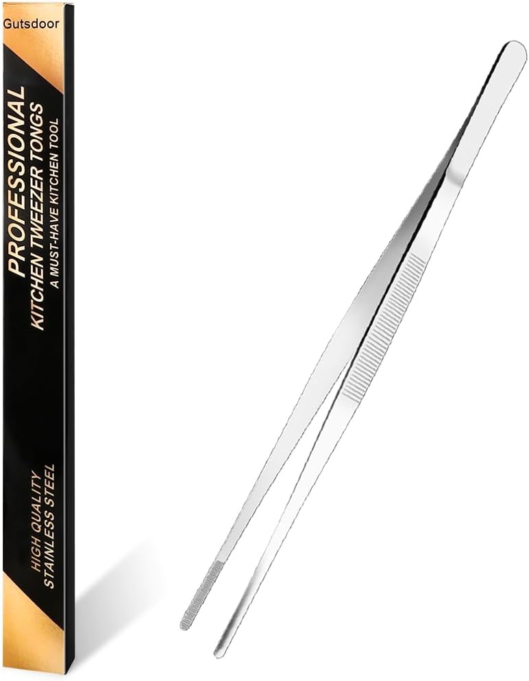 Gutsdoor 8 Inch Plating Tweezers Stainless Steel Precision Culinary Tweezer Silver Kitchen Straight Tweezers Tongs