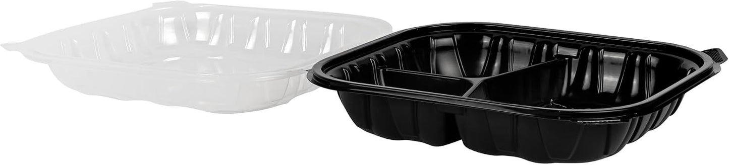 Thermo Tek 40 Ounce Clamshell Containers, 50 Disposable Take Out Boxes - 3 Compartments, Ventilated Lids, Black Plastic Meal Prep Containers, Microwavable, For Pasta Or Salads - Restaurantware