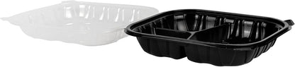 Thermo Tek 40 Ounce Clamshell Containers, 50 Disposable Take Out Boxes - 3 Compartments, Ventilated Lids, Black Plastic Meal Prep Containers, Microwavable, For Pasta Or Salads - Restaurantware