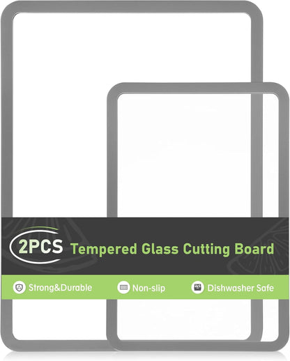 Cutting Board, Tempered Glass Cutting Board for Kitchen Counter, 2Pcs Chopping Board Set with Non-Slip Silicone Edges, Heat Resistant, Dishwasher Safe, Kitchen Decoration