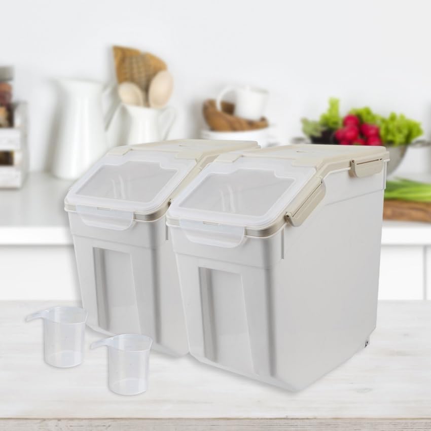 Large Flour Storage Container Bin 25lb, 2Pack Airtight Rice Storage Containers with Wheels Seal Locking Lid, BPA Free with Measuring Cup&Scoop for Flour, Rice, Grain(Green)