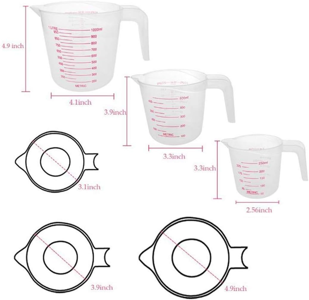 MIZORLIE Plastic Measuring Cup Sets, 250ml, 500ml &1000ml (3PCS）
