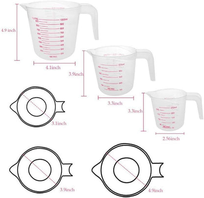 MIZORLIE Plastic Measuring Cup Sets, 250ml, 500ml &1000ml (3PCS）