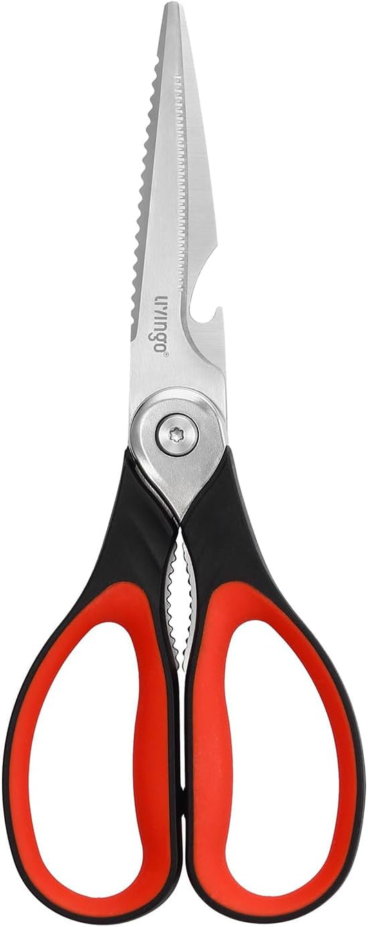 LIVINGO 8.5 Inch Kitchen Scissors Heavy Duty - Multi-Purpose Food Shears with Serrated Blades, Nut Cracker, Fish Scaler, Bottle Opener, Black & Red Handle
