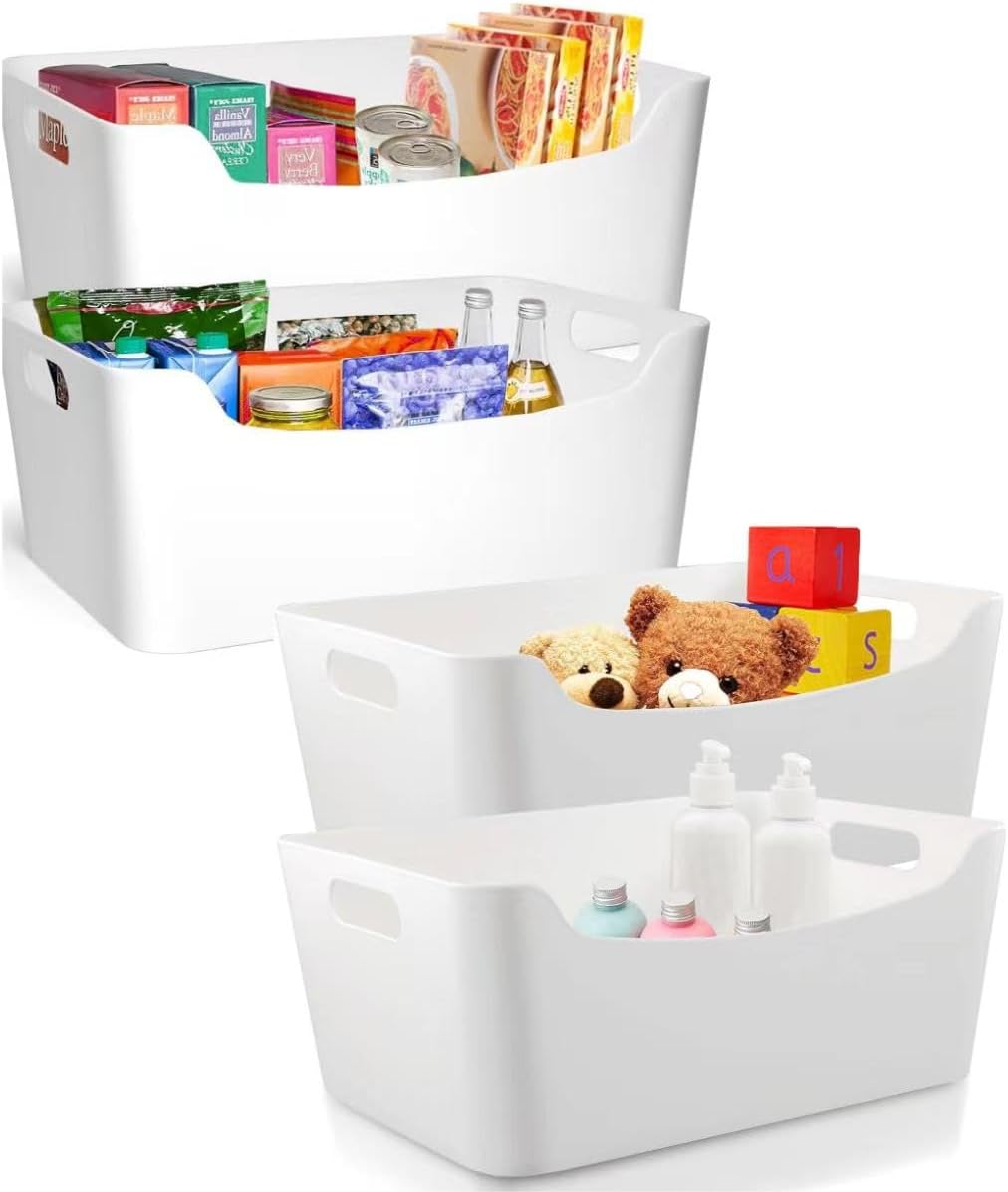 2 Pack Large Plastic Storage Bins with Handles, Versatile 13.7x10.2x5.7 Inch White Organizer Containers for Kitchen, Pantry, Closet, Bathroom, Office, Cabinet, Drawer, Snack, Toy & Makeup Organization