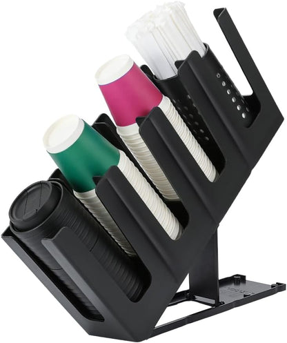 Paper Cup and Lid Holder Plastic Disposable Coffee Cup Dispenser with 4 Compartment Adjusting for Countertop Coffee Station Bar Office Home Restaurant Kitchens (Black)