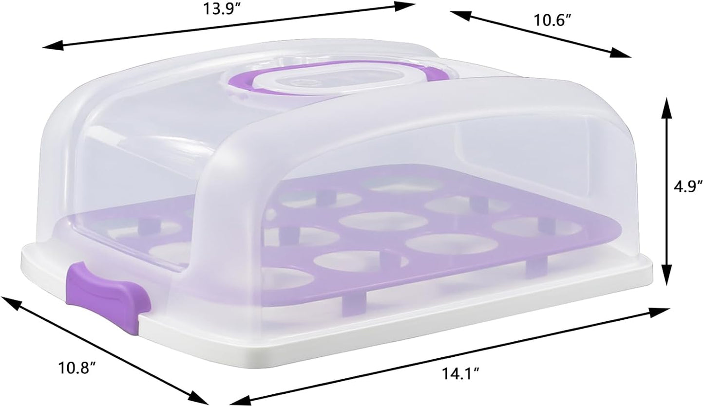 Cake Carrier with Lid, Purple Cake Holder Cupcake Container for 12 Cupcakes or 1 Large Cake Pie Pizza Tart 2 in 1 Portable Dessert Container for Cake Pie Muffin