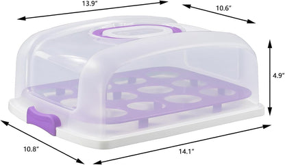 Cake Carrier with Lid, Purple Cake Holder Cupcake Container for 12 Cupcakes or 1 Large Cake Pie Pizza Tart 2 in 1 Portable Dessert Container for Cake Pie Muffin