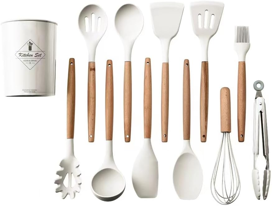33-Piece Silicone Kitchen Utensil Set with Holder – Heat Resistant up to 446°F, Non-Stick Cooking Tools with Wooden Handles, Measuring Cups, Spatulas, Tongs, Whisk & More